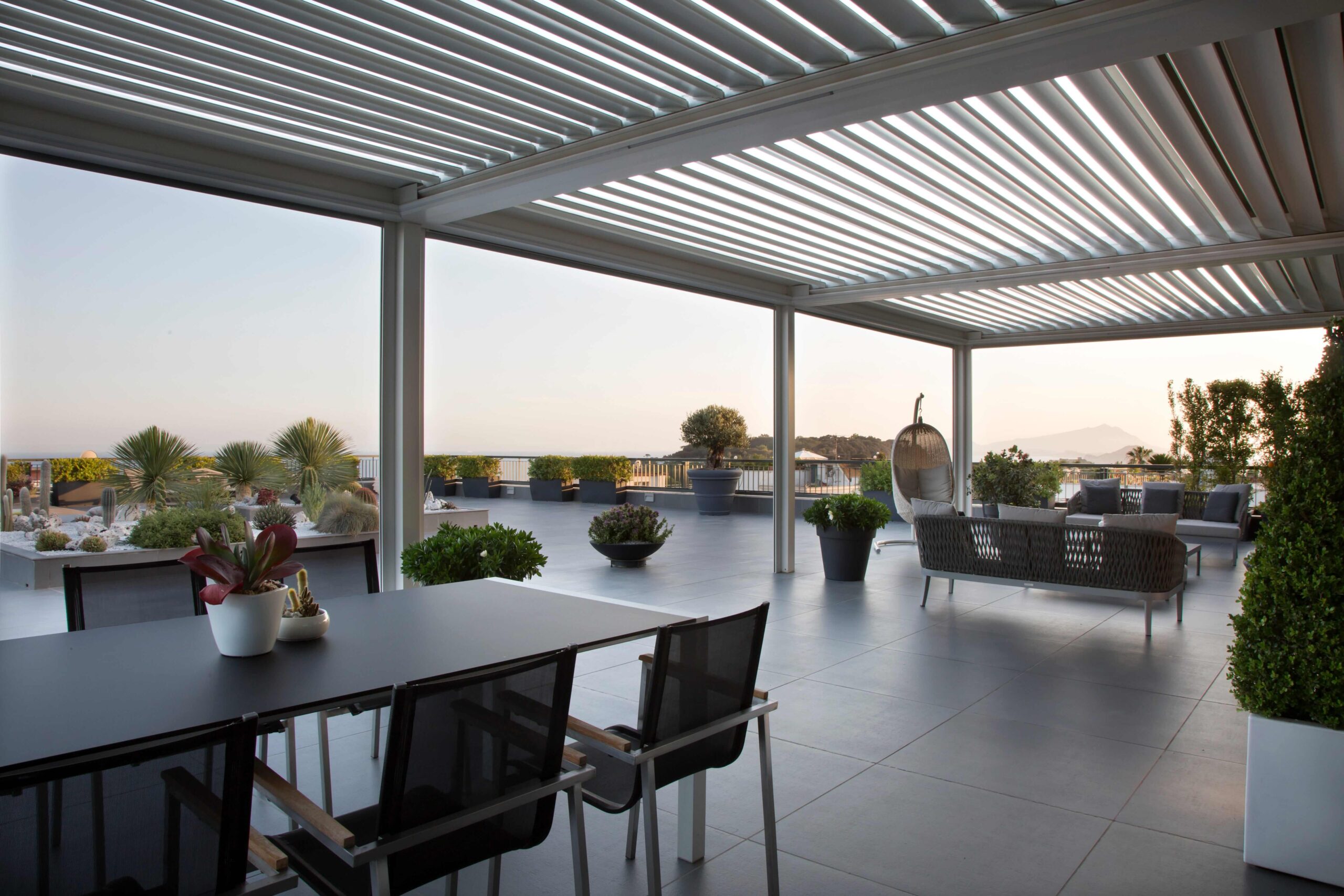 Metal patio cover overlooking Orange County, CA.